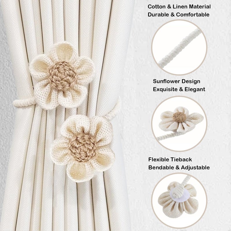 SRG Rope Curtain Tiebacks 2 Pack | Sunflower Curtain Tieback Boho | Simple Elegant DIY Curtain Holdbacks | Accessories Wall Decoration for Home Office（Cream） - Image 3